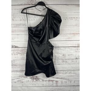 Ellen Anne Dress Womens Large Black One Shoulder Puff Sleeve Mini Ruched RQY1485